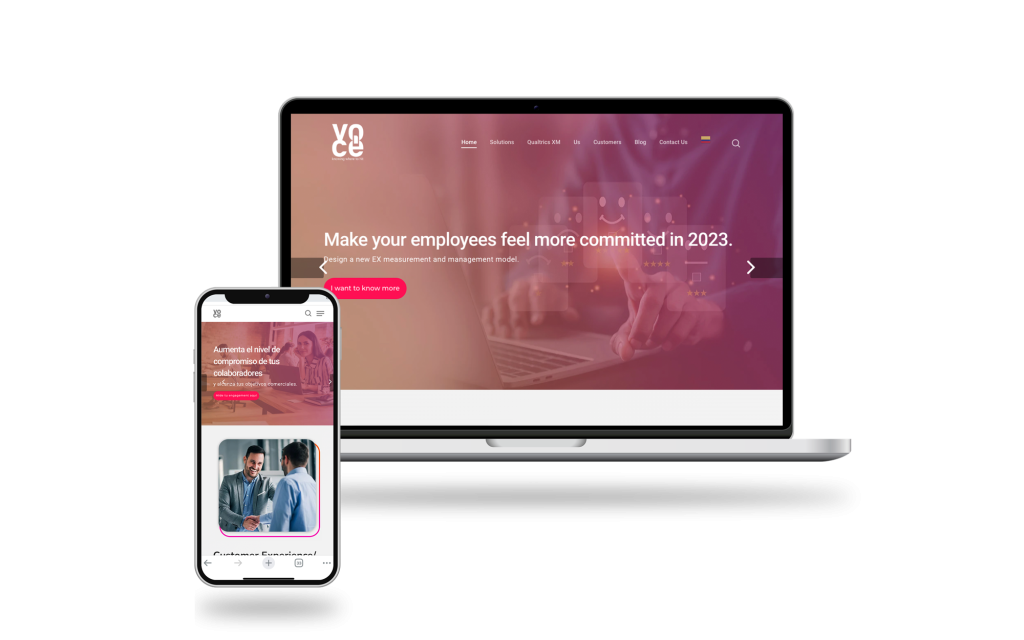 mockup de computador portatil y de movil con imagen del sito web de la empresa voce group