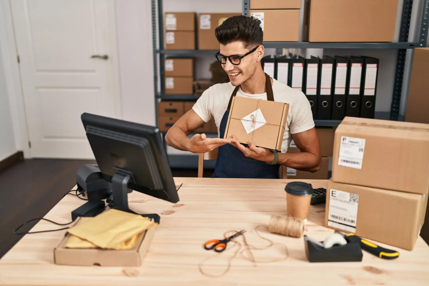 Hombre en mesa con cajas para gestión de inventario y stock digital shelf