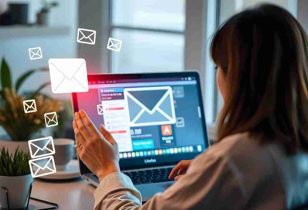 Mujer enviando email desde pórtatil, símbolos de email marketing