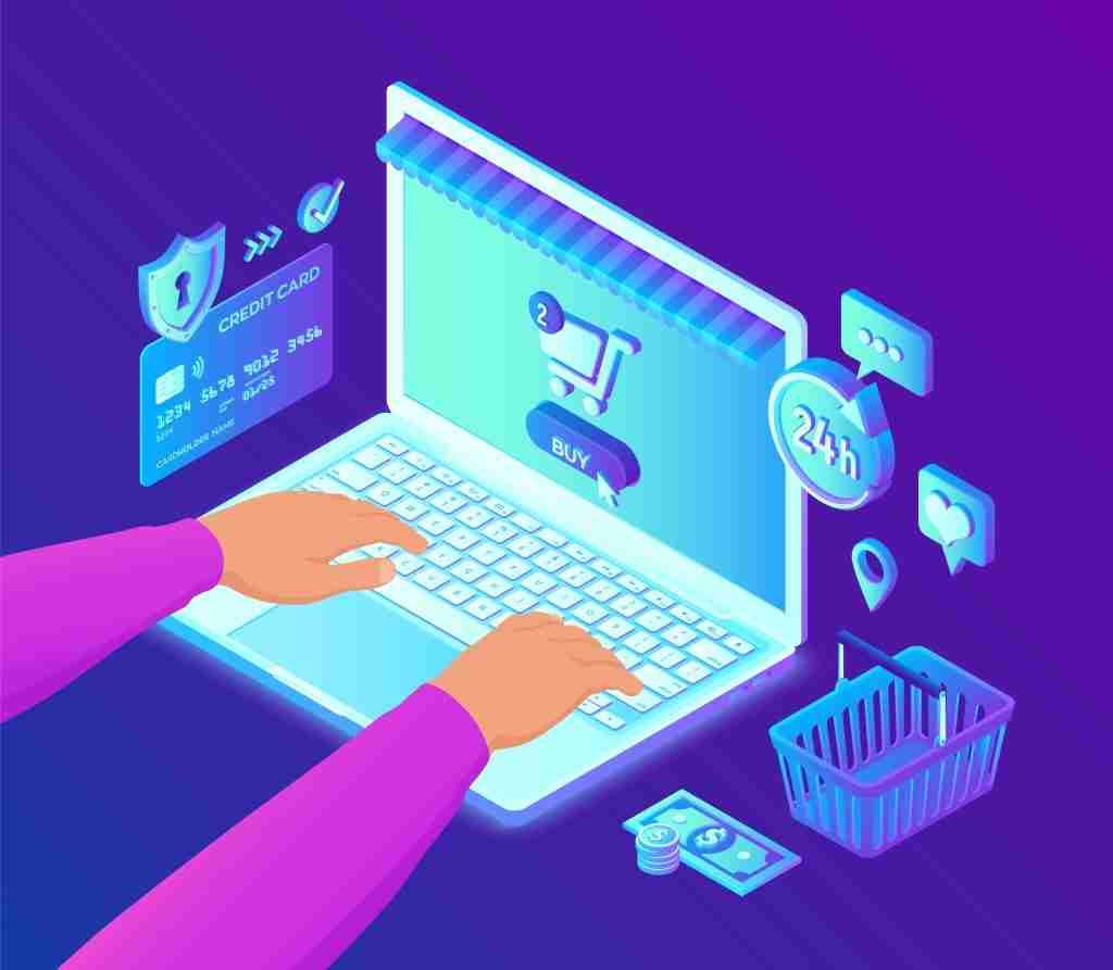 Ecommerce. Manos en el teclado del portátil. Tarjeta bancaria isométrica 3D, dinero y bolsa de compras.