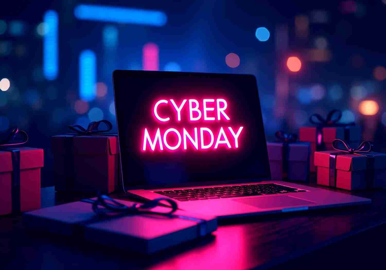 Cyber Monday en neón de la escena del lunes cibernético festivo en la computadora
