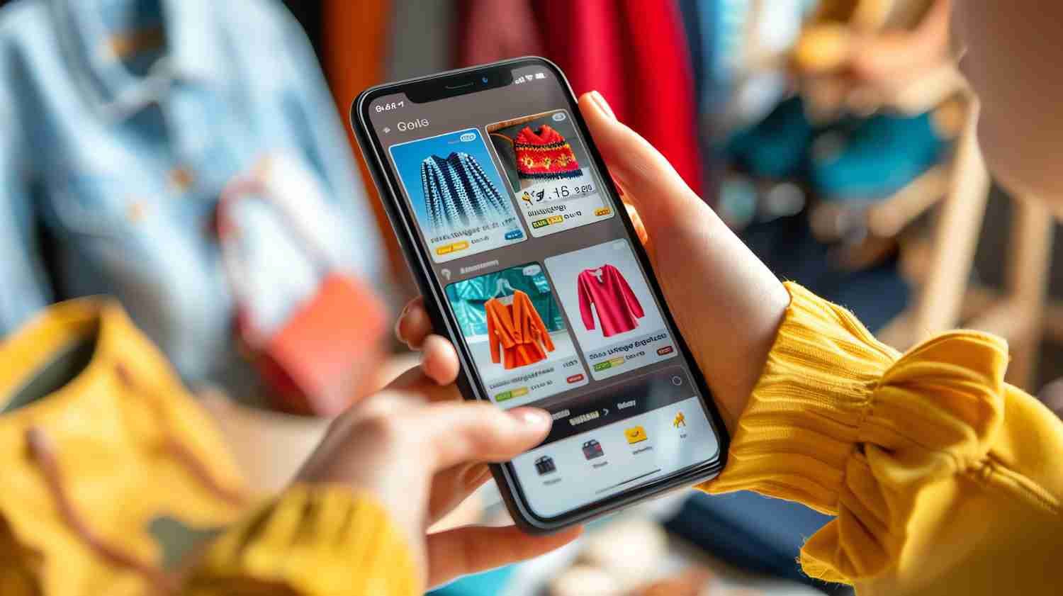 Una mujer joven está usando su teléfono inteligente para comprar ropa en línea. Está mirando una variedad de artículos en una plataformas asiáticas tipo Shein o Temu