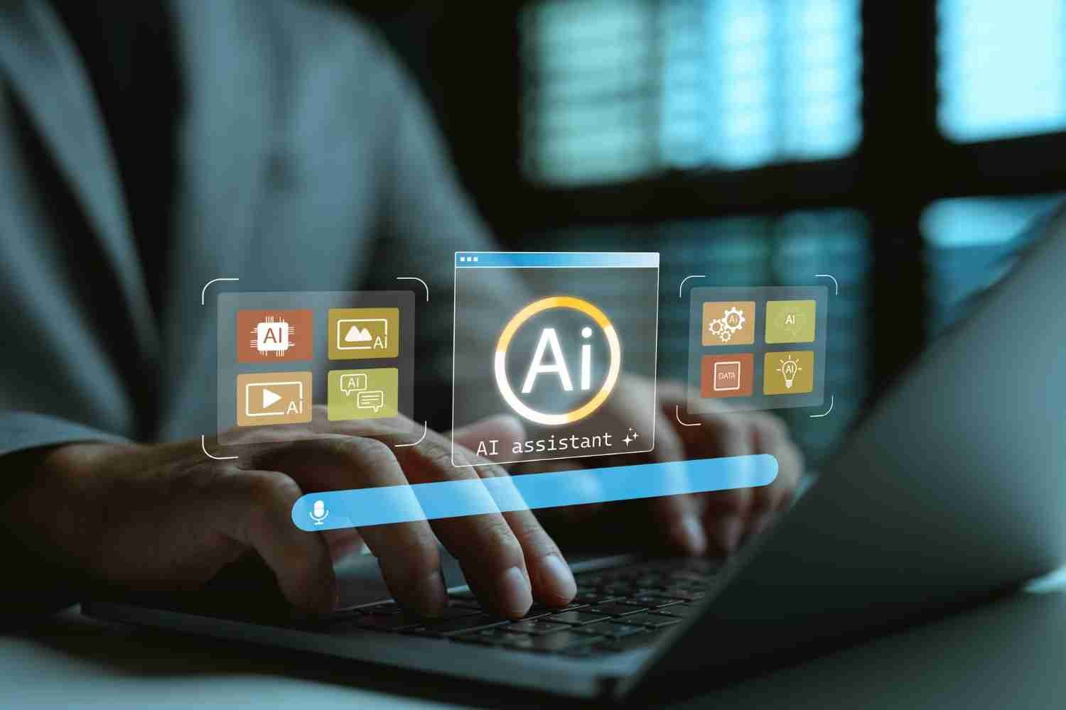 Persona trabajando en un portátil con interfaz de asistente de IA que proporciona soporte de inteligencia artificial para tareas diarias, gestión de datos, proyectos creativos y productividad digital moderna.