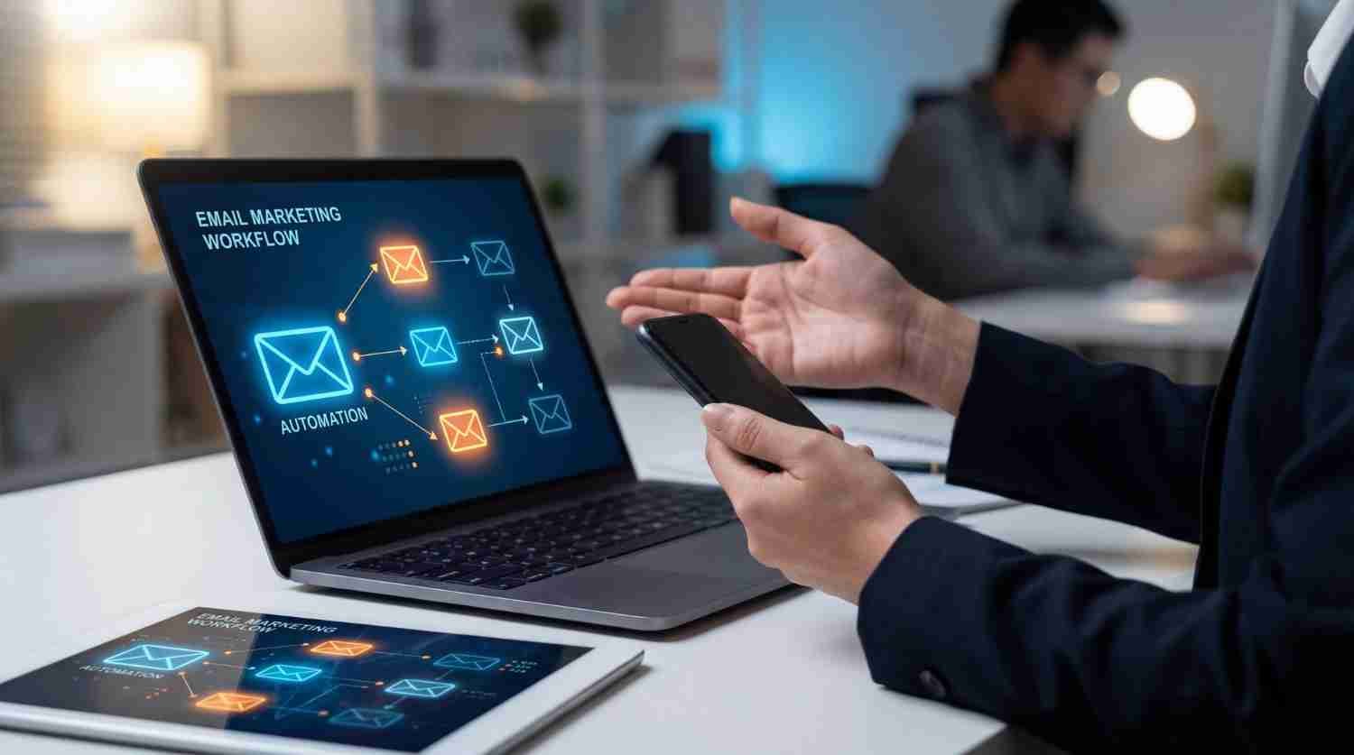 Workflow de email marketing visualizado en pantalla de portátil