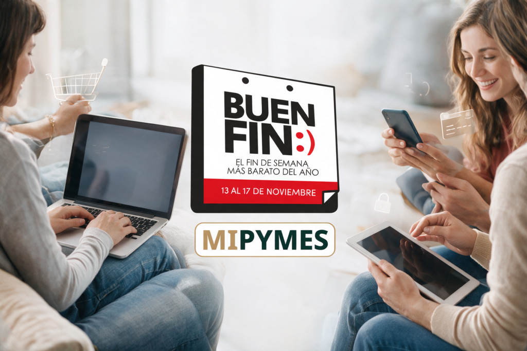 personas comprando en ecommerce, logo Buen Fin centrado